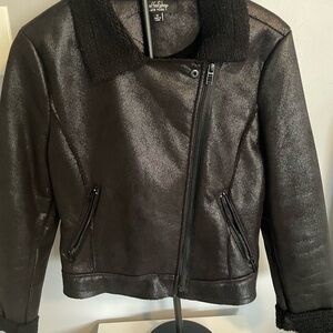 Black Faux Leather Jacket with Shearling Collar
